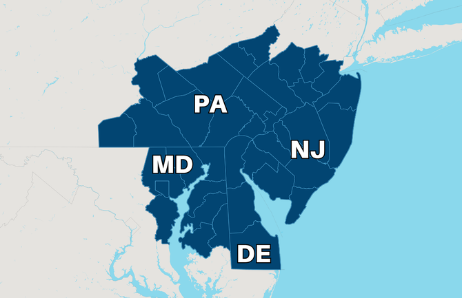 Map highlighting Pennsylvania, Maryland, New Jersey, and Delaware in dark blue on a pale background