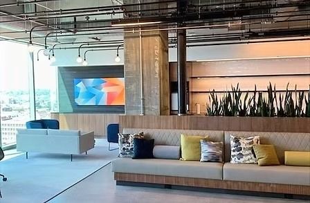 Modern office lounge with light wood and tan sofa, pillows, a TV with geometric design, and plants by a window.