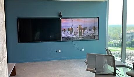 A modern meeting room with two large screens on a teal wall. One screen is blank, the other displays an image of animals in a snowy landscape.
