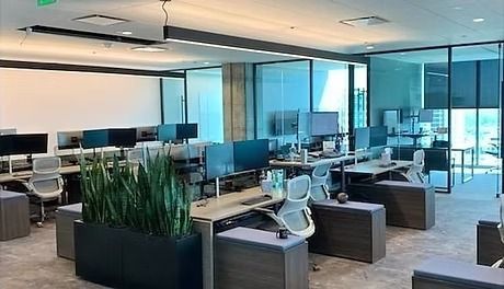 An open office space with rows of desks, computer monitors, and chairs. There are glass walls, plants, and gray and neutral tones.