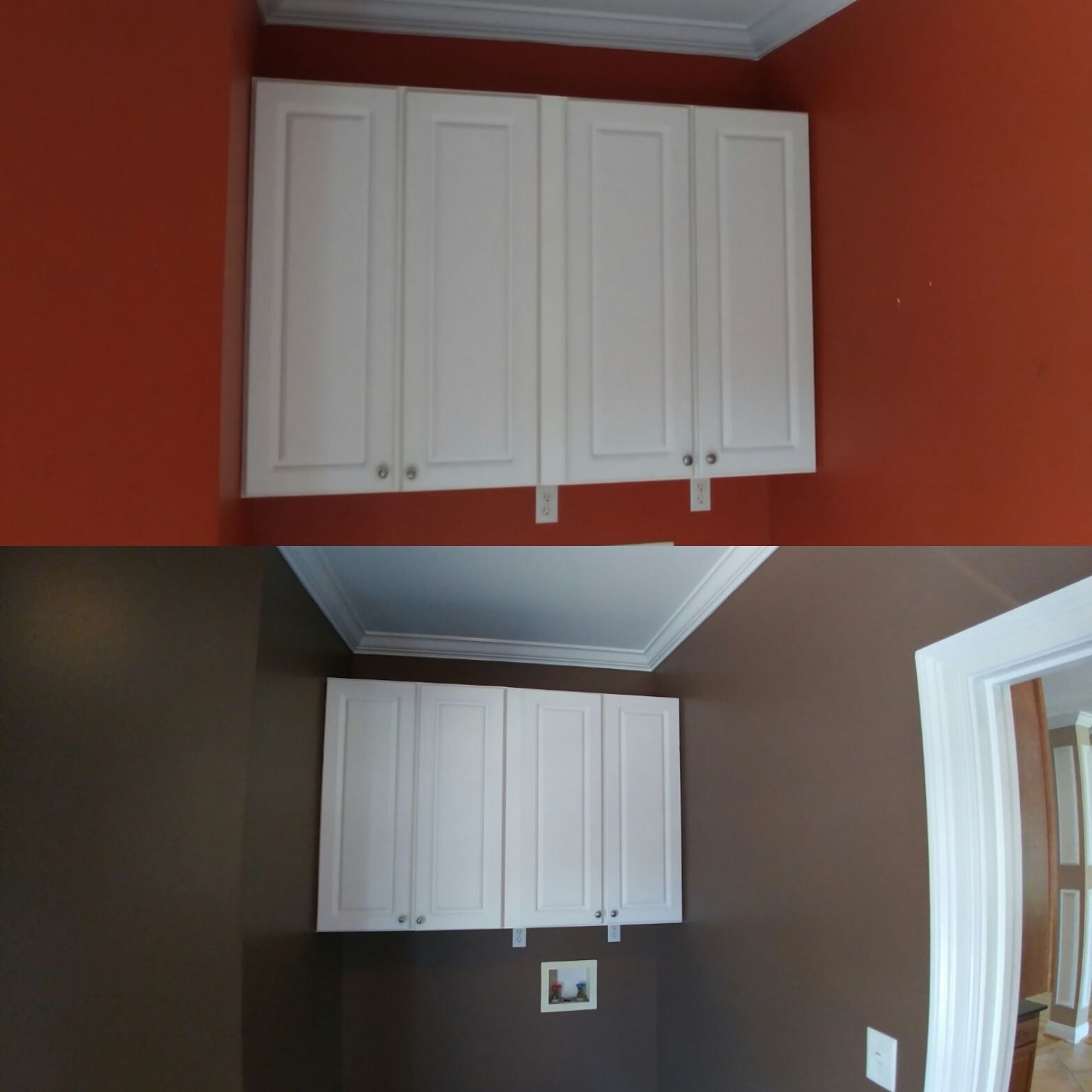 Two photos show the same white cabinets mounted on a wall. The top photo has orange walls and the bottom has brown walls.