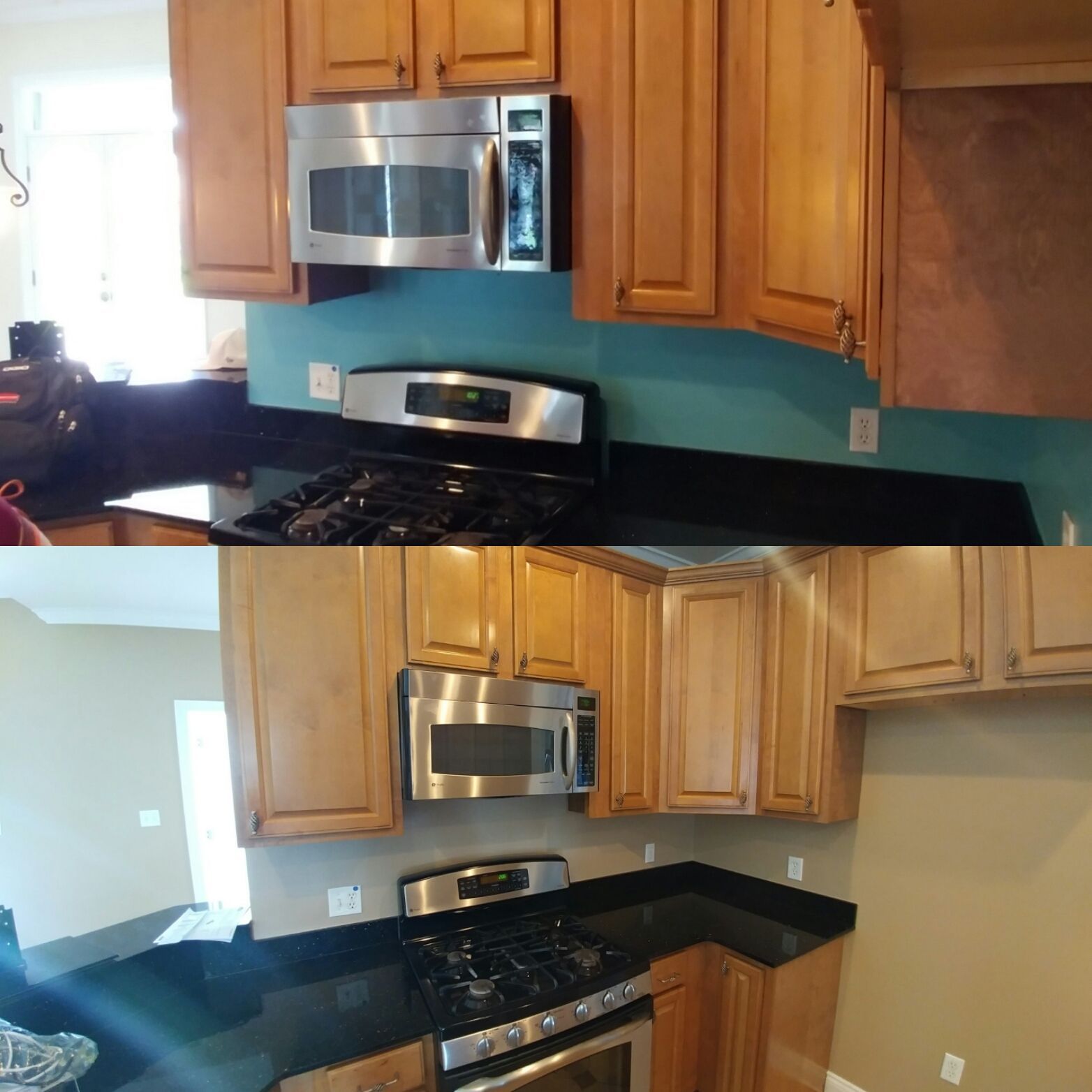 Two views of a kitchen with light-colored cabinets, a stainless steel microwave and gas range, and black countertops. The backsplash is teal in the upper view, and beige in the lower.
