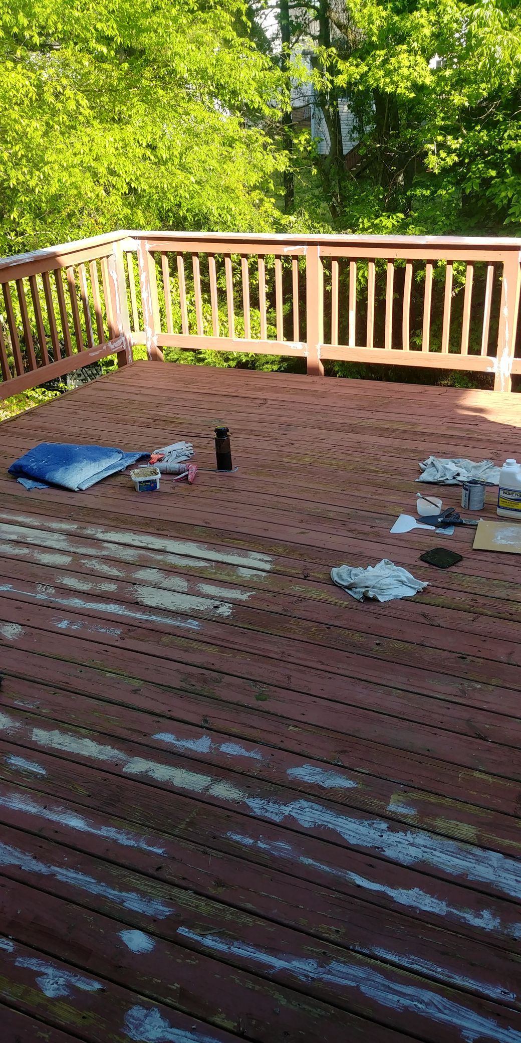 A brown wooden deck with several objects on it, including a small black cat, in a sunny outdoor setting.