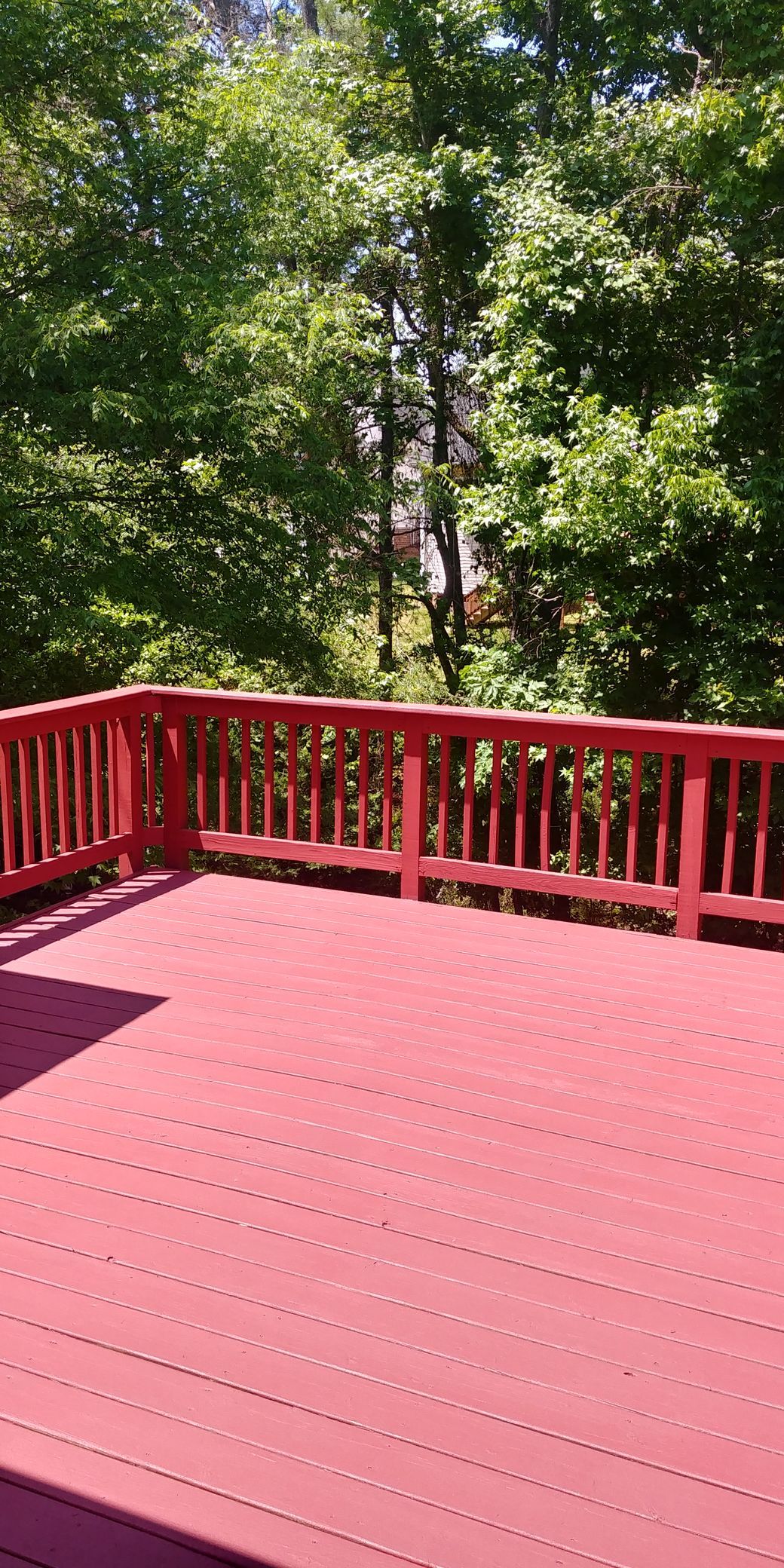 Red wooden deck with a railing overlooks a forest of green trees.