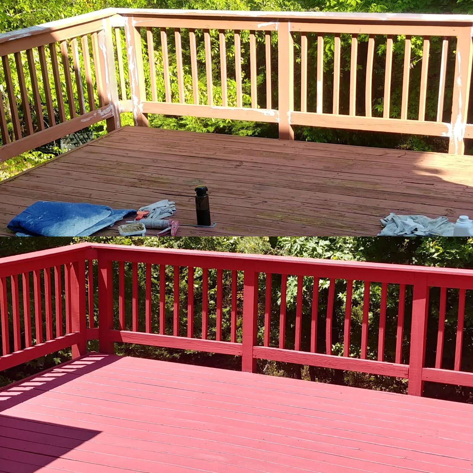 Two-panel photo showing a deck before and after painting. The top shows a weathered brown deck; the bottom, the same deck painted red.