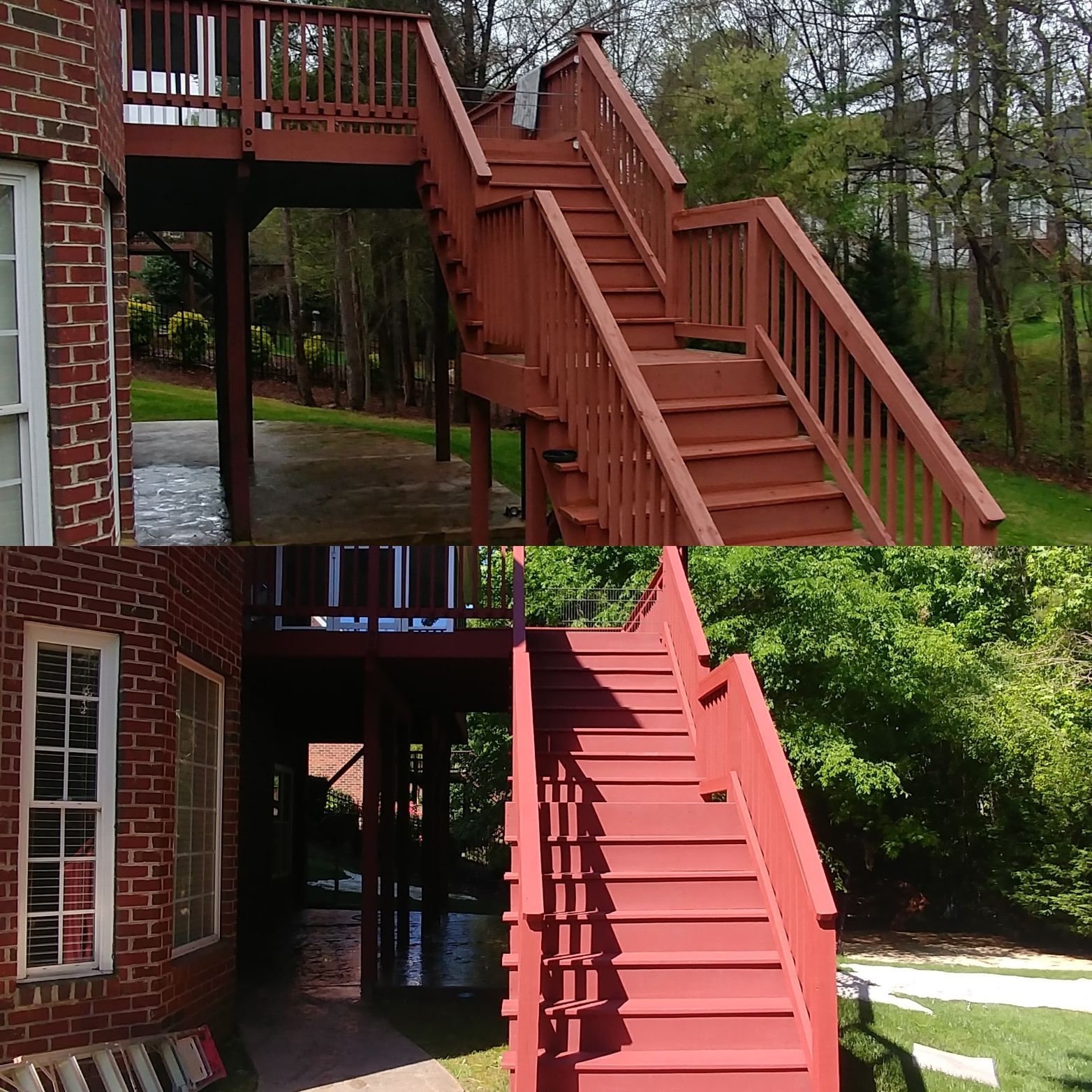 Two views of a wooden deck and stairs painted red, attached to a brick building with a shaded walkway below.
