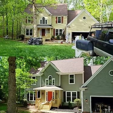 Two-story house exterior before and after painting: Yellow house becomes green with red door.