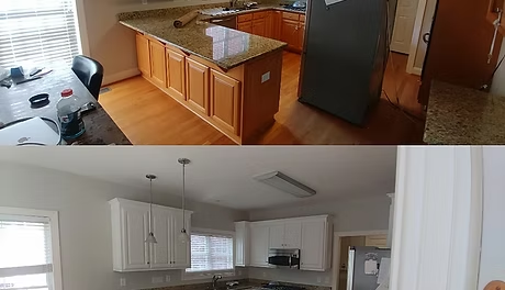 Two kitchen scenes, before and after renovation. Top shows oak cabinets, bottom shows white cabinets.