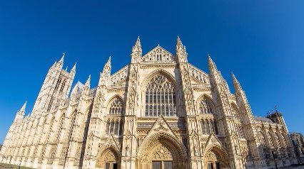 Gothic cathedral against a clear blue sky