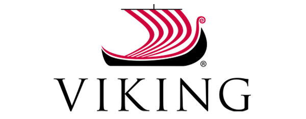 Viking Cruises logo: a black Viking ship with a red and white striped sail above the word