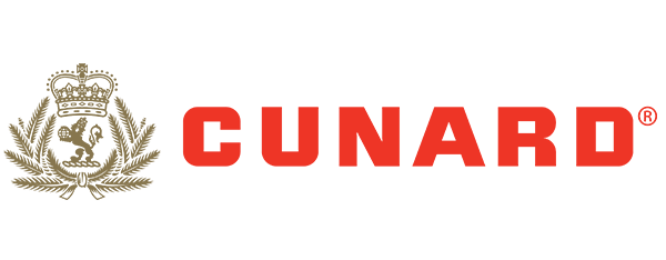 Cunard logo with a gold crest on the left and red text