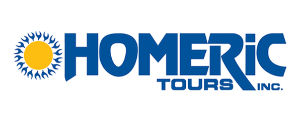 Logo of Homeric Tours Inc. with a sun symbol and blue text on a white background.