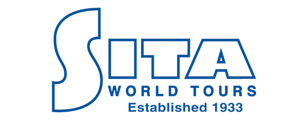 Logo for SITA World Tours, blue outline text on white.