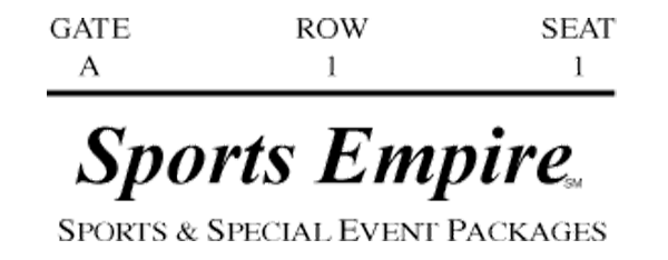 Sports Empire ticket showing Gate A, Row 1, Seat 1.