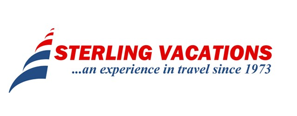 Logo for Sterling Vacations, red text on white background with blue and red stylized wave design.