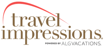 Travel Impressions logo with brown text, red arc, and