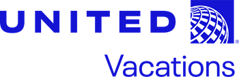 United Vacations logo with blue text and globe icon.