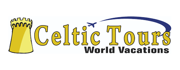 Celtic Tours logo with a gold castle, curved blue line, and a plane.