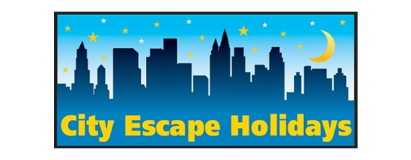 Logo for City Escape Holidays, featuring a silhouetted city skyline against a blue night sky with a crescent moon and stars.