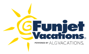 Funjet Vacations logo: Yellow sun design with blue text