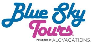 Blue Sky Tours logo in blue and pink, powered by ALG Vacations.