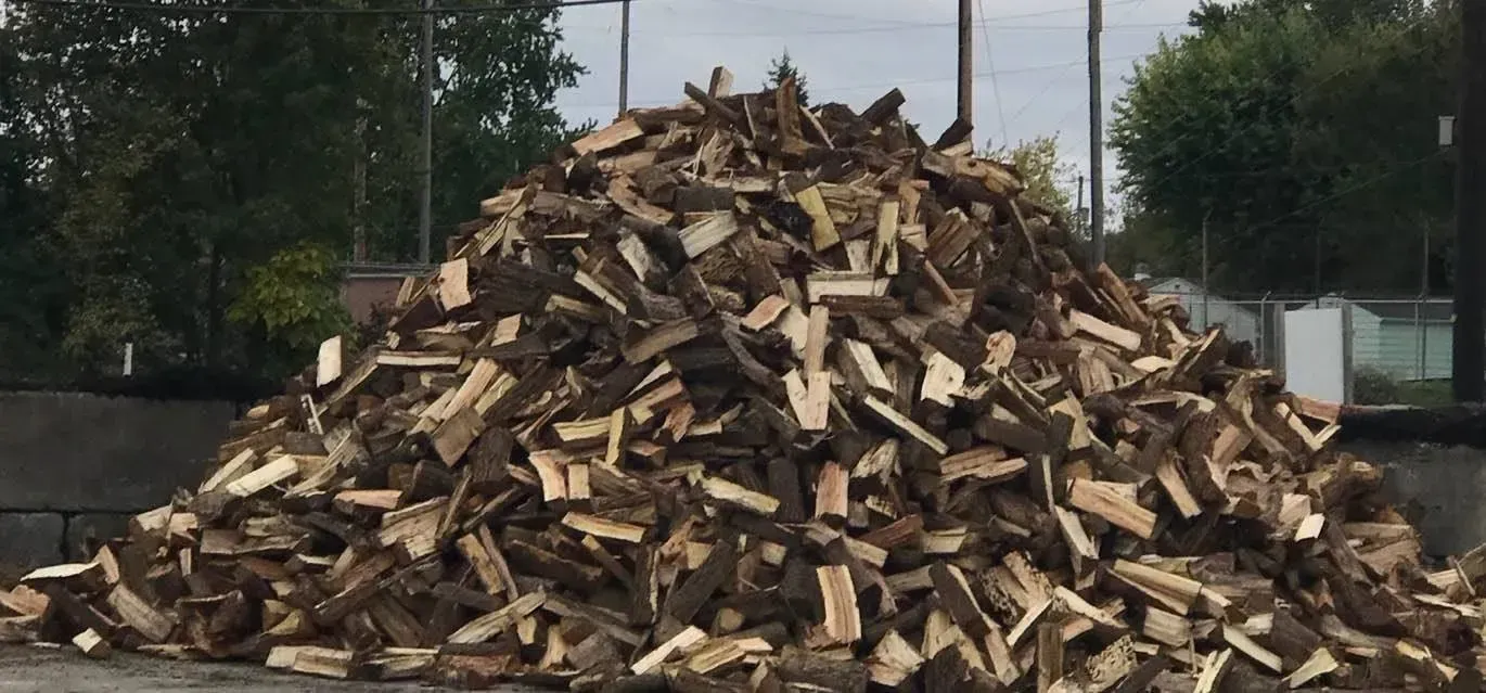 A large pile of wood is sitting on the ground.