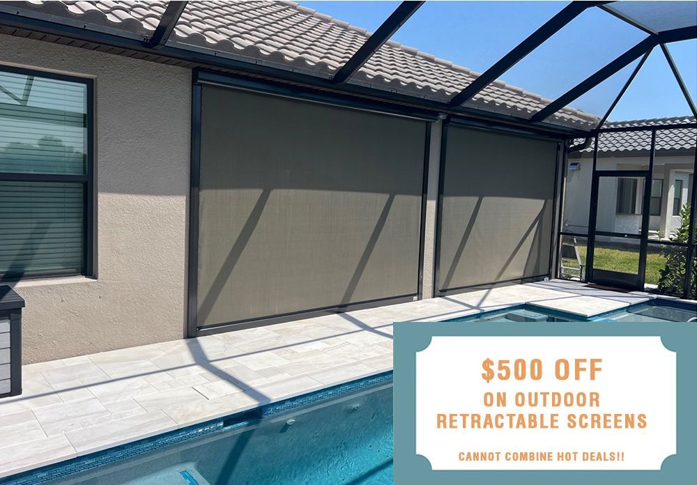 A house with a pool and a sign that says $500 off on outdoor retractable screens.