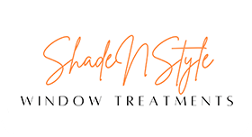 The logo for shade n style window treatments is orange and black.