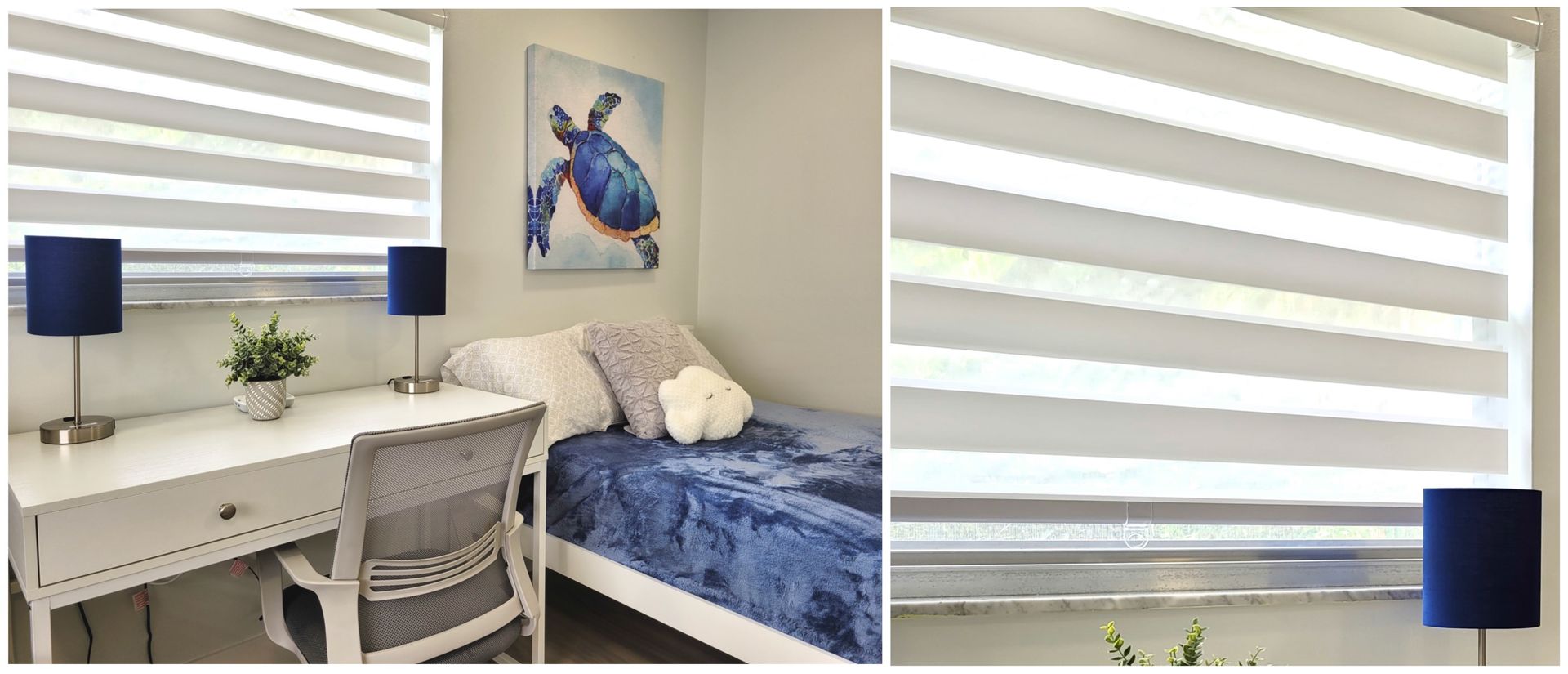 A bedroom with a bed, desk, lamp, and striped blinds