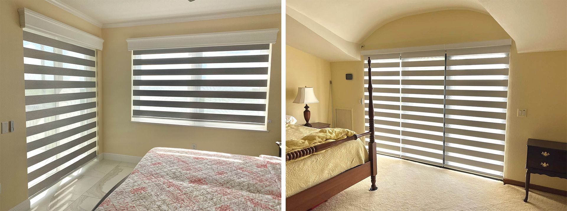 A bedroom with striped blinds on the windows and a bed