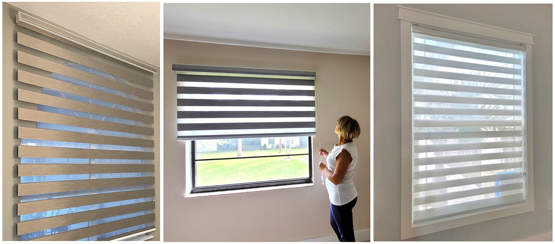 A woman is standing in front of a window with blinds on it