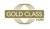 Gold Class I-CAR logo in gold on white. Rectangular label: GOLD CLASS. Arcs surround the label.