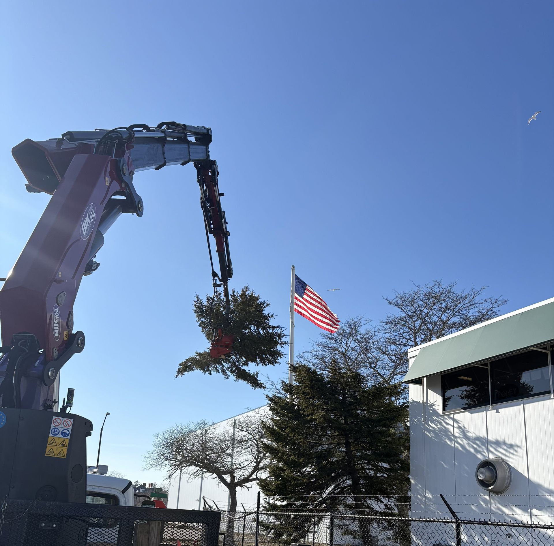 A crane lifts a cut tree limb in front of an American flag flying over a white building under a clear blue sky.