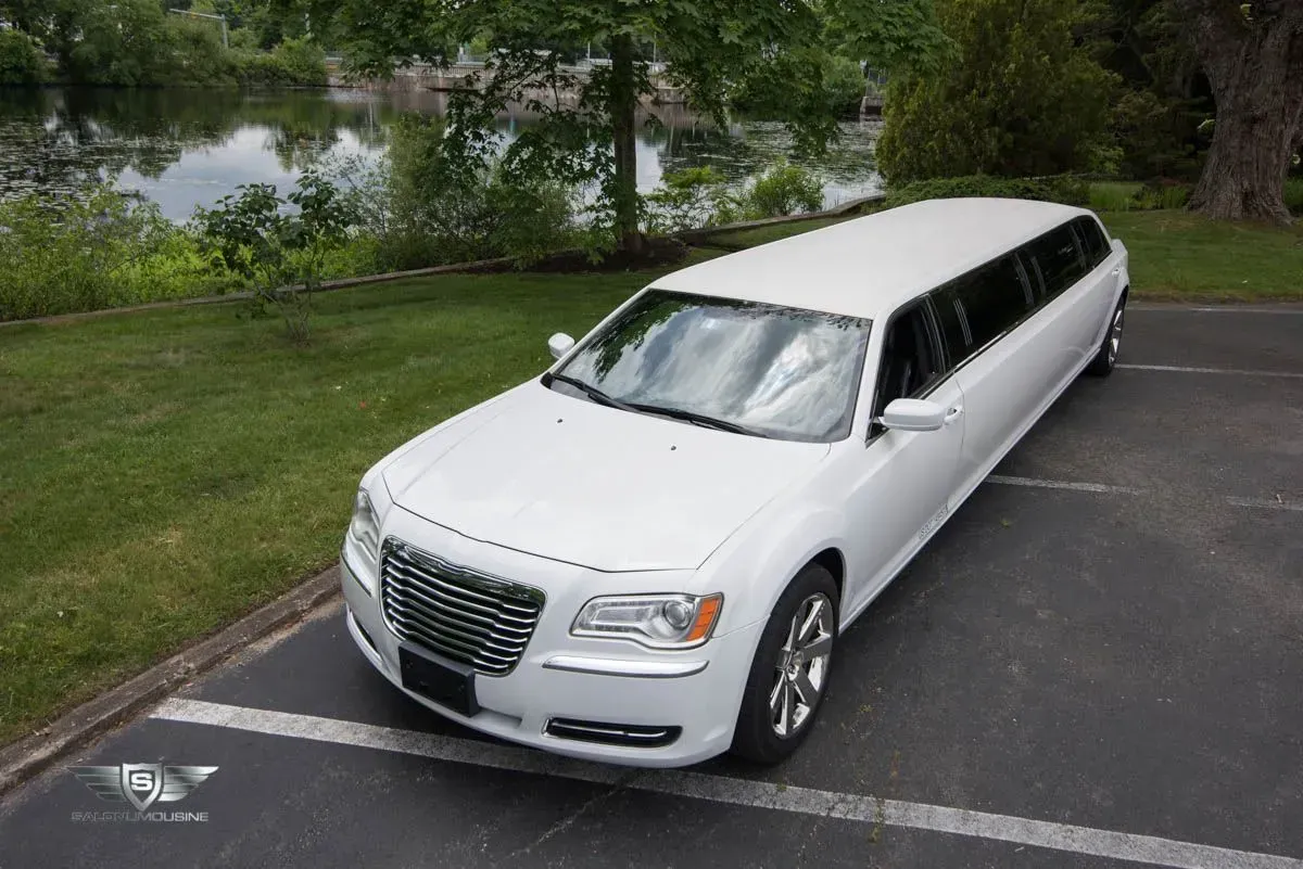 White Chrysler 300 limousine parked on asphalt next to a grassy area and a body of water.