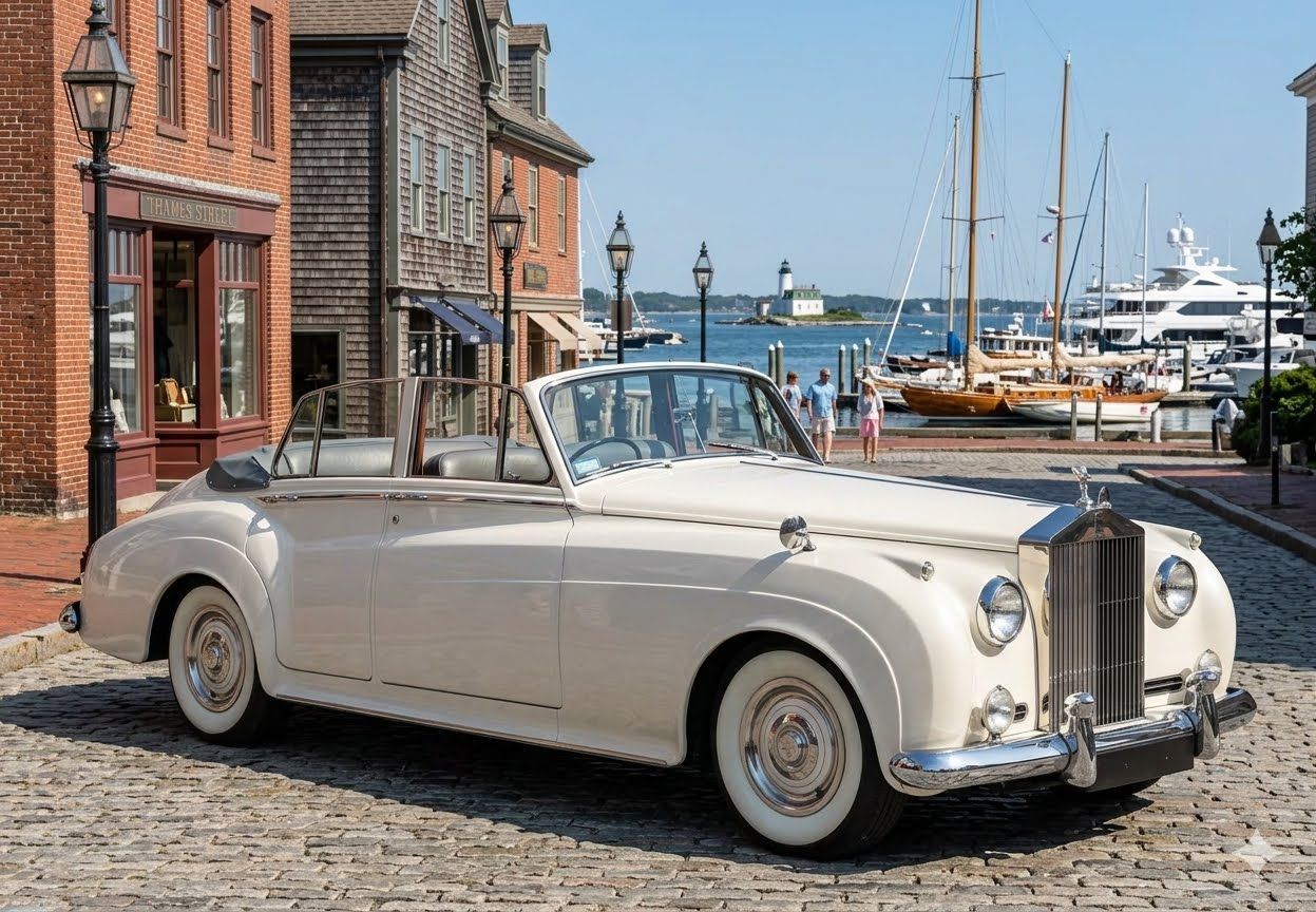 White vintage convertible parked on a cobblestone waterfront beside brick buildings and yachts