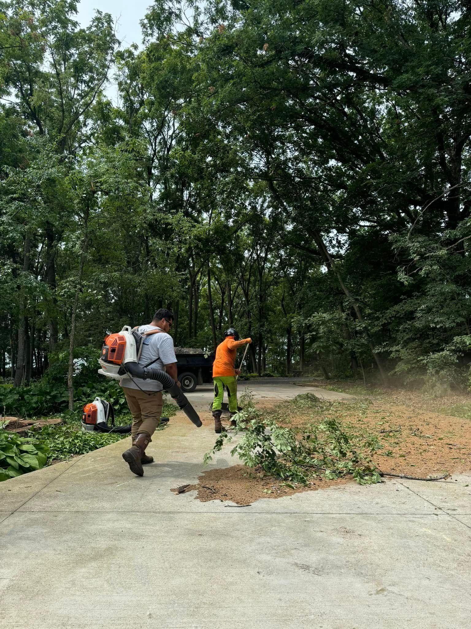 Two workers clearing debris from a driveway with a leaf blower.
