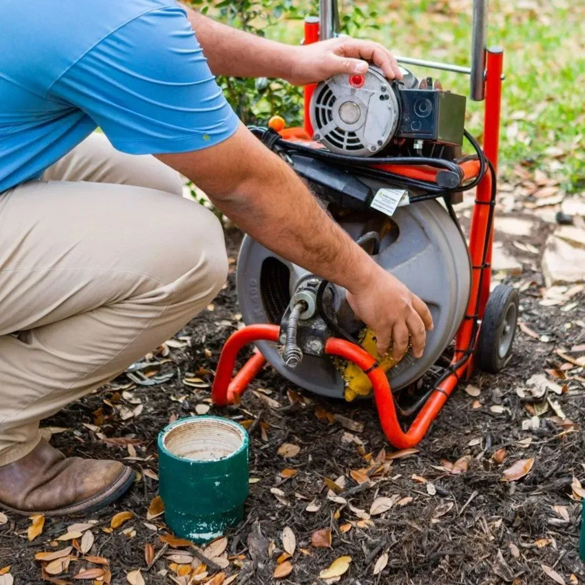 Person adjusting a portable pump with red hoses outdoors beside a green container