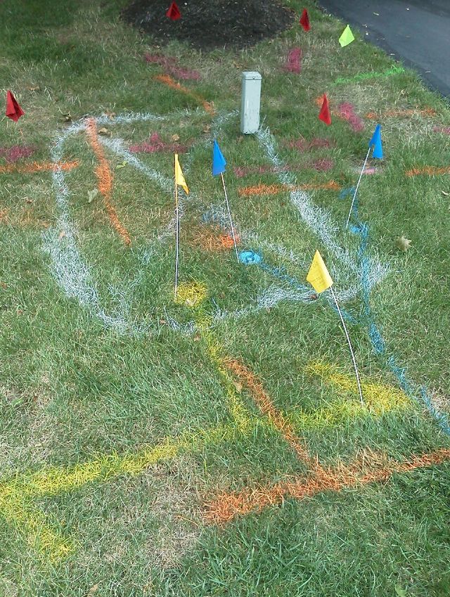 A circle is drawn in the grass with chalk and flags.