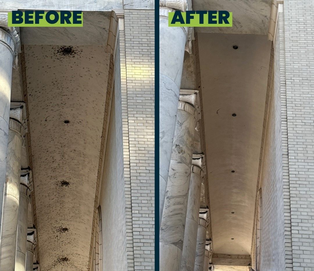 A before and after picture of a brick building