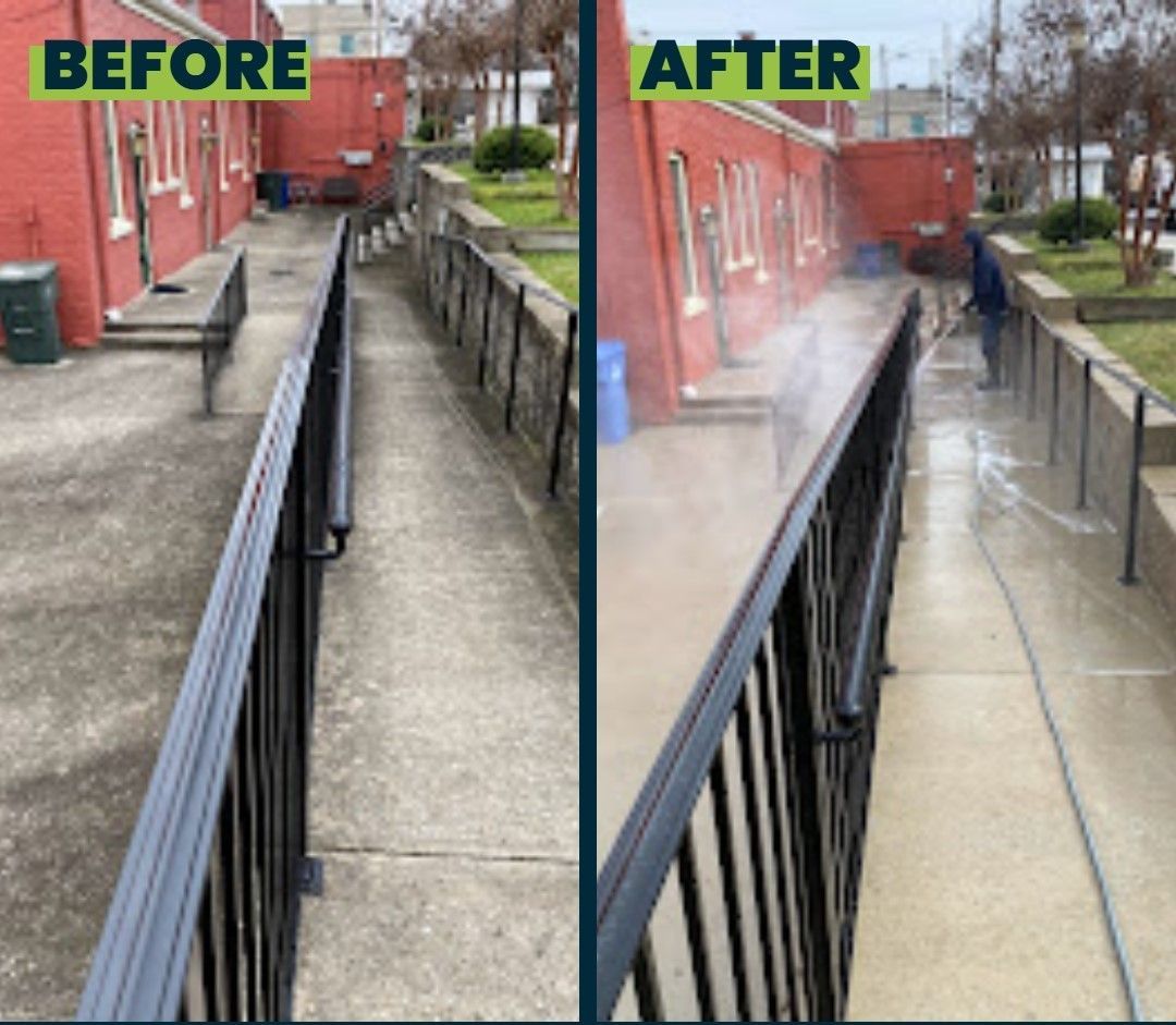 A before and after photo of a white vinyl fence.