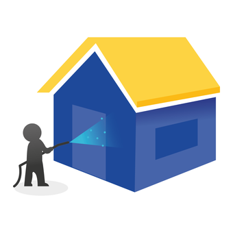 A man is washing a blue house with a hose.