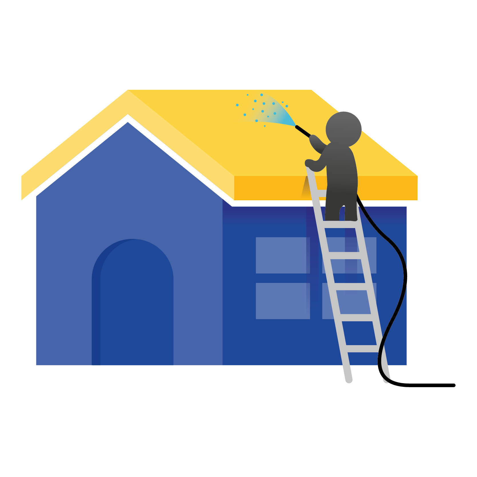 A man is washing the roof of a blue house.