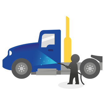 A man is washing a blue truck with a hose.