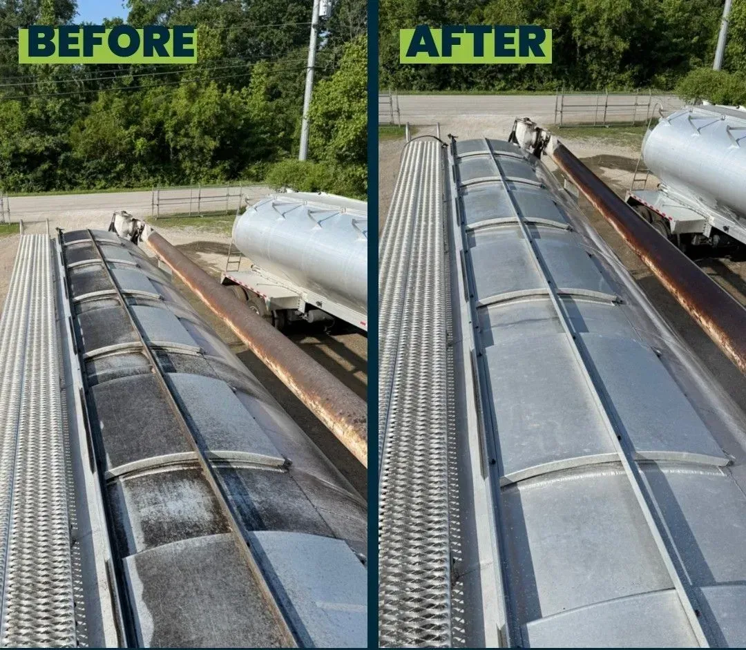 Before and after photos of a metal roof being cleaned