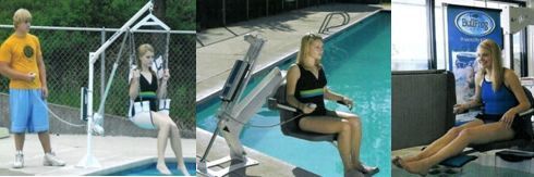 a woman is sitting in a chair next to a swimming pool