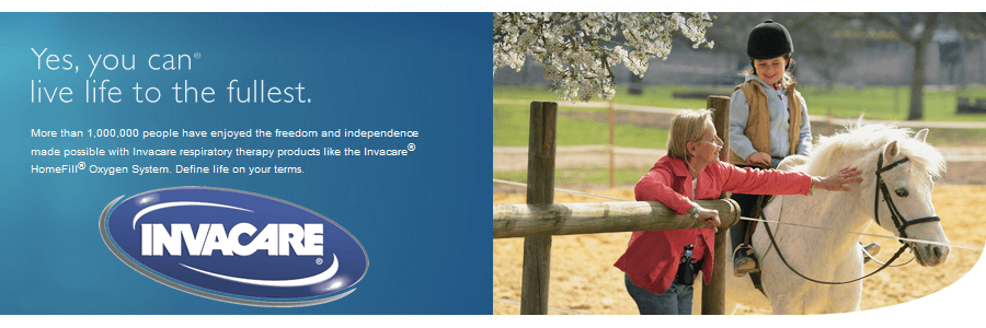 an advertisement for Invacare shows a woman petting a child on a horse