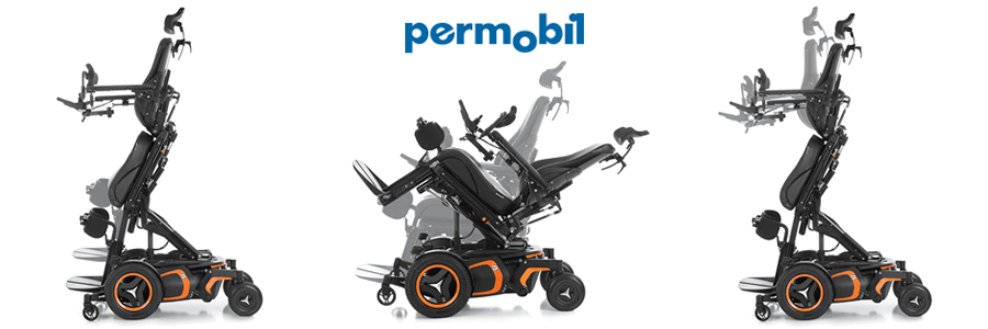 a person is sitting in a Permobil wheelchair in three different positions
