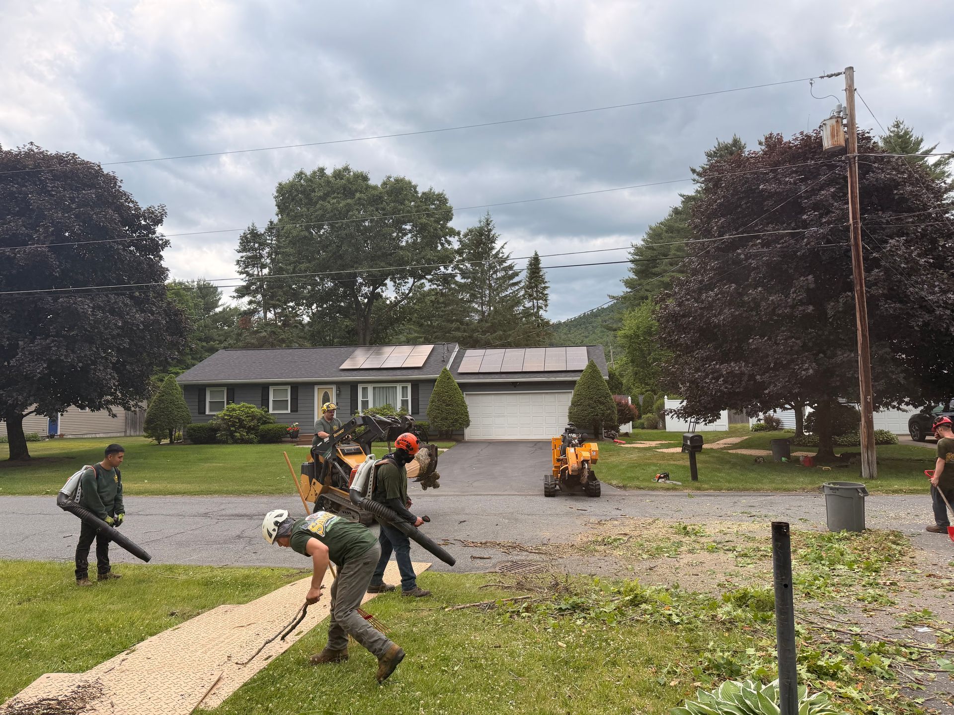 Workers clearing wet leaves from a suburban street after rain