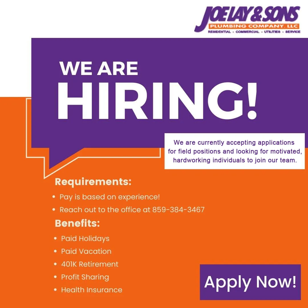 Job ad for Joe Lay & Sons Plumbing Company; purple & orange design; 