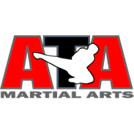 The logo for the american taekwondo association is red , white and blue.